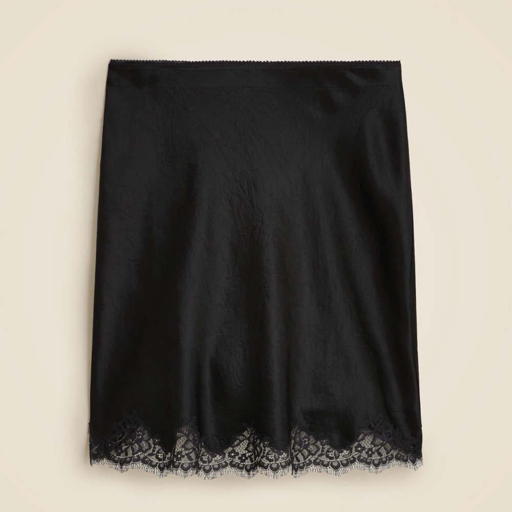 J. Crew Black Lace Trim Slip Skirt in Textured Satin